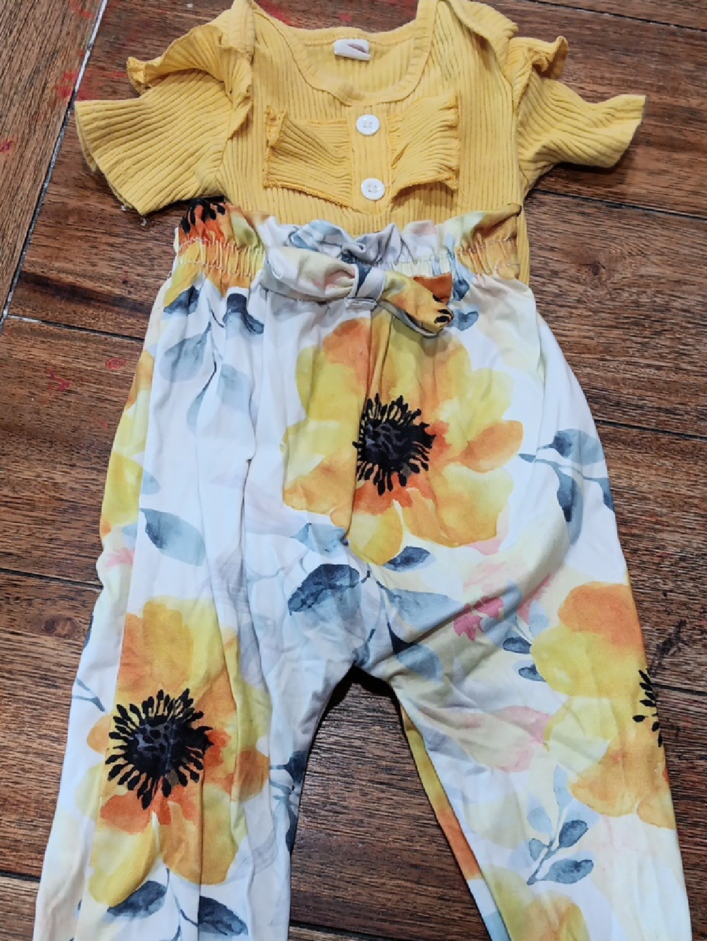 Yellow Floral Baby Pants and Mustard Ribbed Onesie Set
